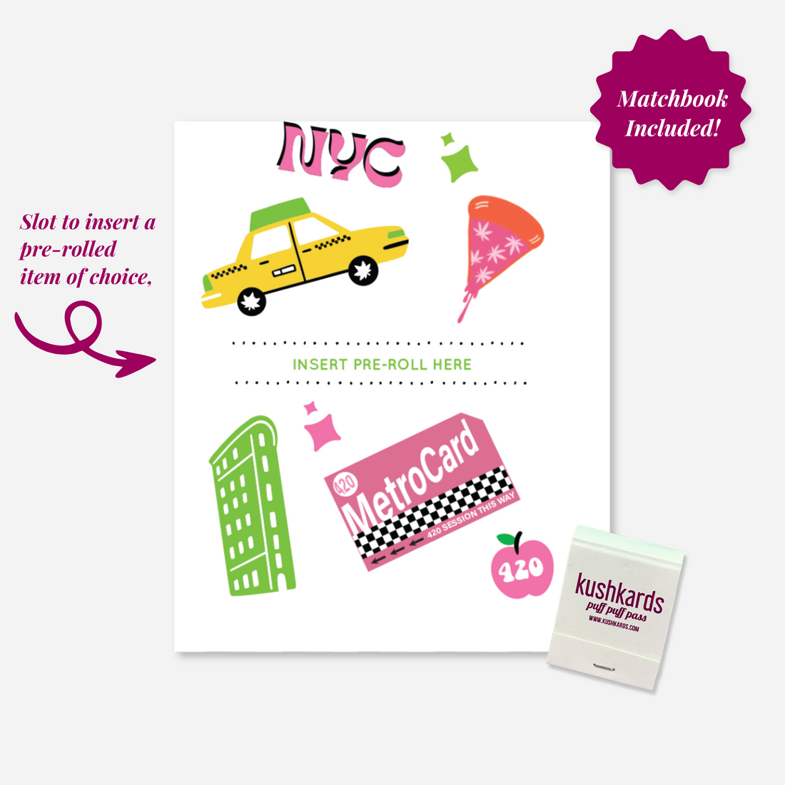 Illustration of a greeting card featuring New York City symbols: a yellow taxi, a slice of pizza, a MetroCard, a building, and the text "NYC" in pink. The card has a playful design with various colorful elements on a white background.