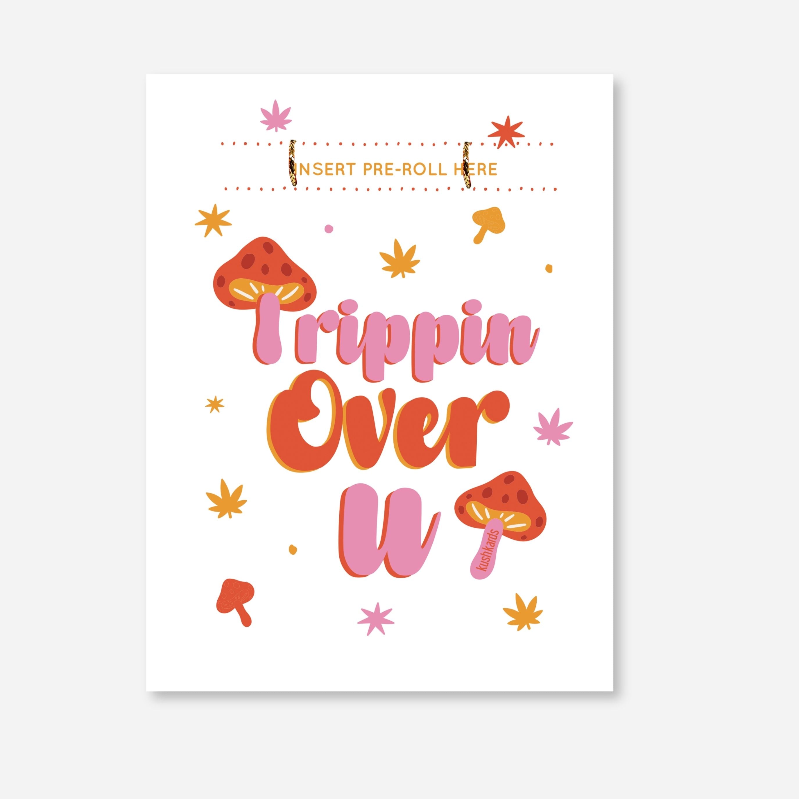 Trippin Over You Text with pink and orange accents on a white background with a matchbook