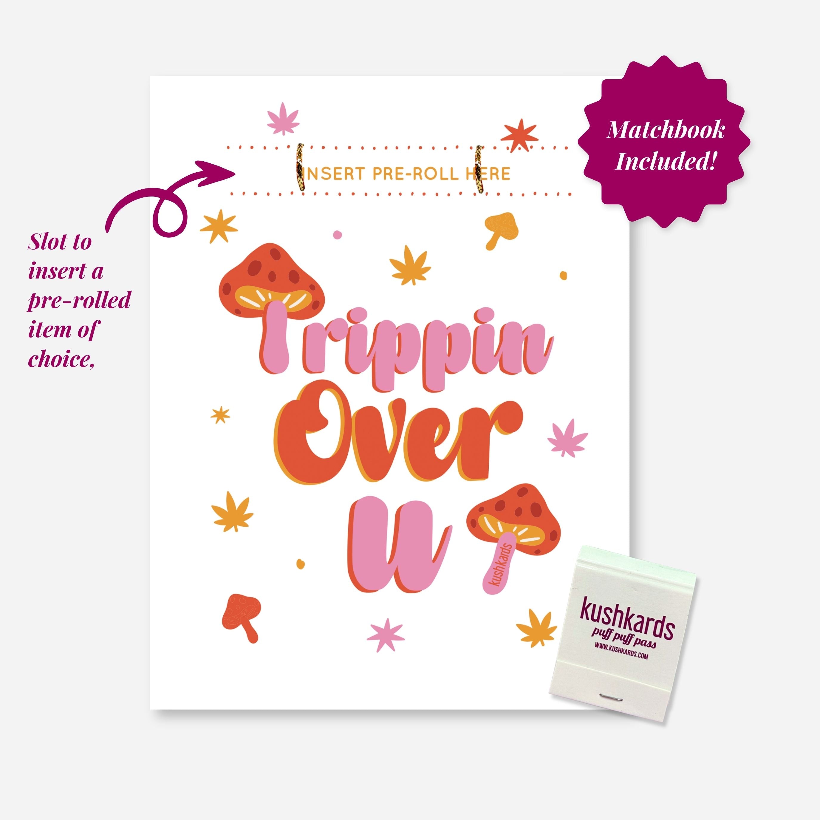 Trippin Over You Text with pink and orange accents on a white background with a matchbook