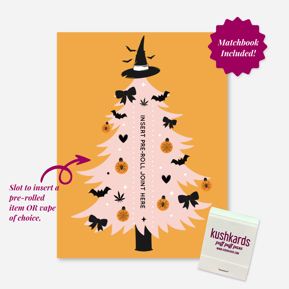 "Pink Halloween tree decorated with witch hat, bats, spider ornaments, and bows with a slot for a pre roll and a matchbook