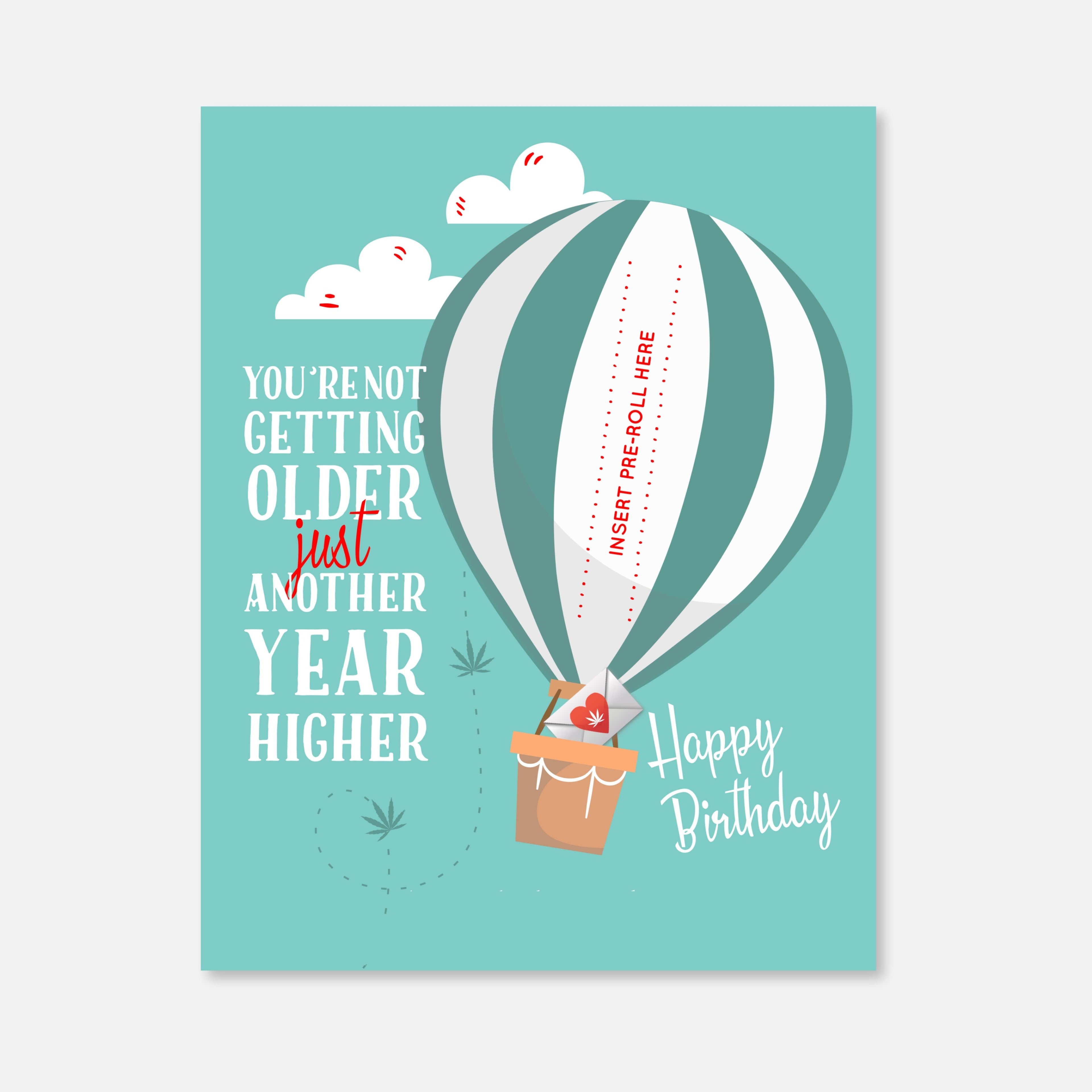 Birthday card with hot air balloon design and humorous text on a teal background that says "You&