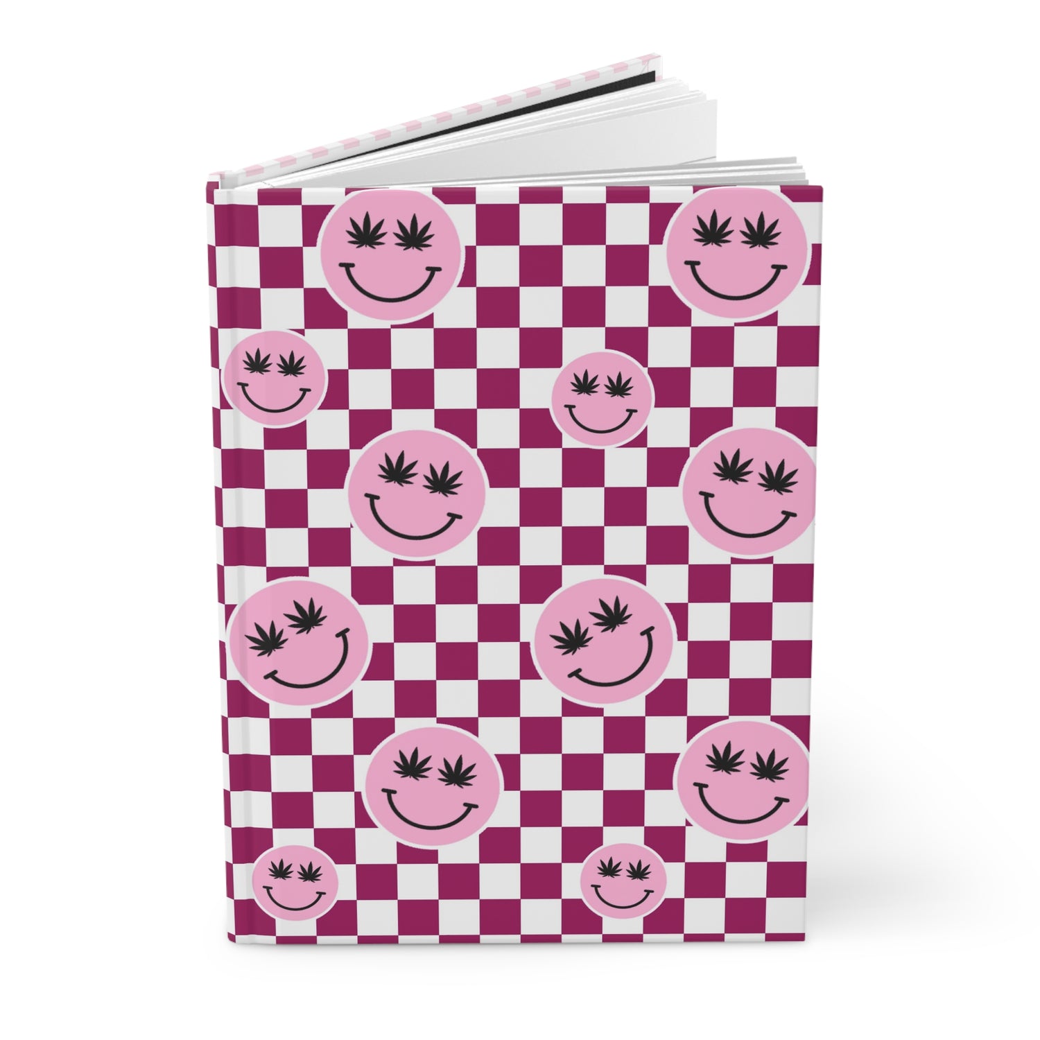 Pink smiley faces with marijuana leaf eyes on a bold magenta and white checkerboard background.