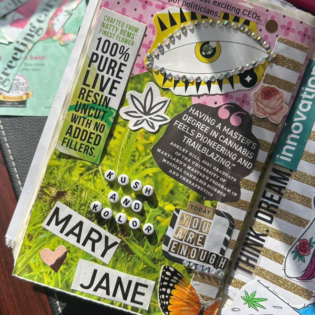 example junk journal page with letters beads spelling Ku&