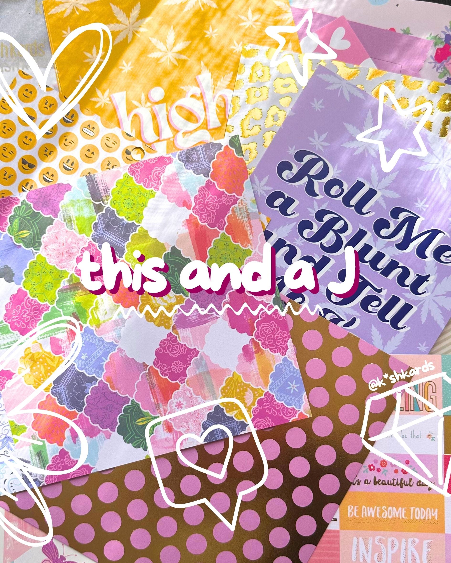 Patterned scrapbook paper set with clouds, hearts, animal print, pink S’s, checkered backgrounds, and colorful swatches for junk journals