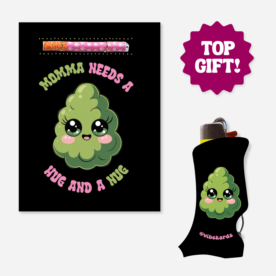 Black lighter with cartoon cannabis leaf design and text &