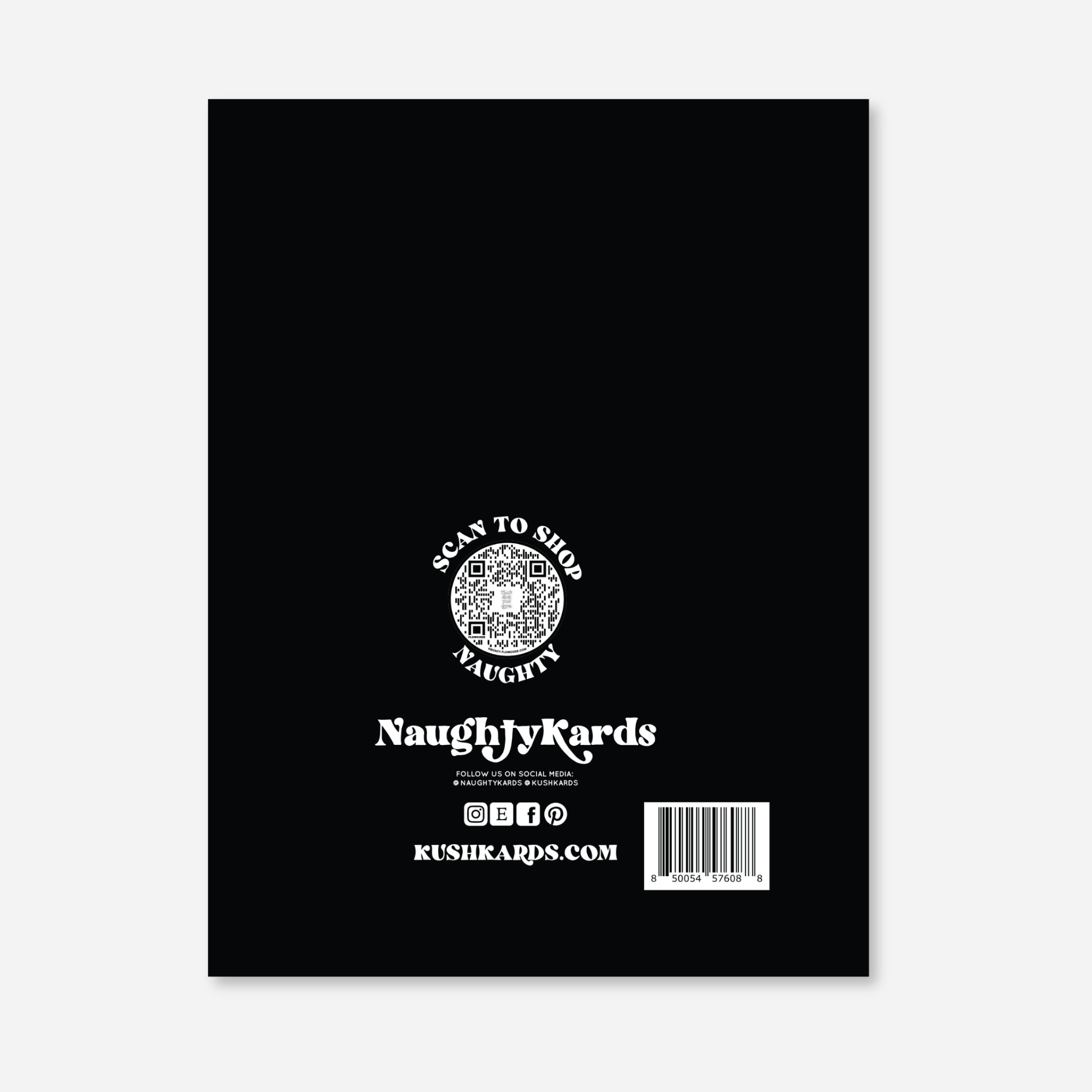Back of the NaughtyKards greeting card with a black background, QR code, and shop details.