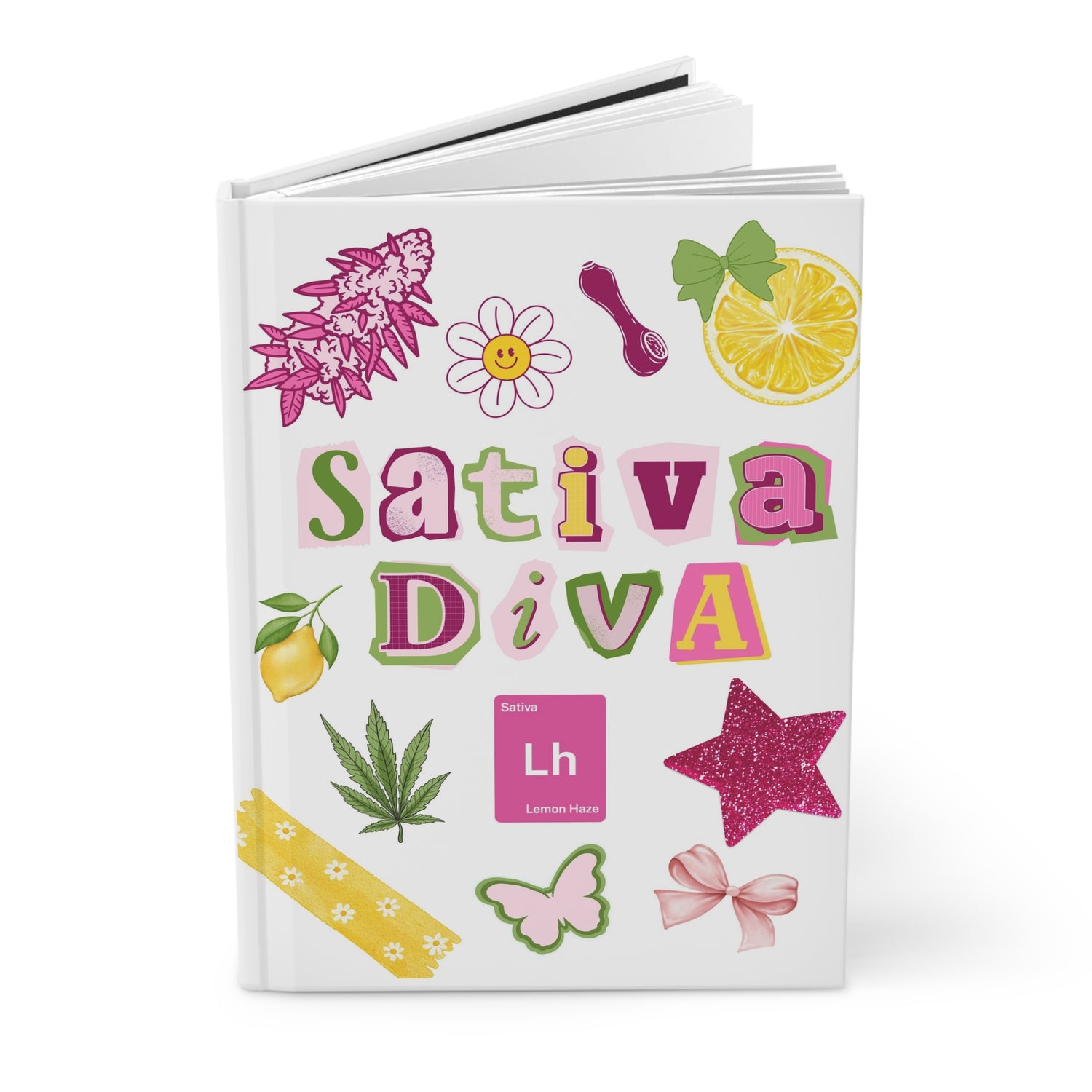 "Sativa Diva" notebook with a scrapbook-style collage of a cannabis leaf, lemon, pink bows, and other girly stickers.