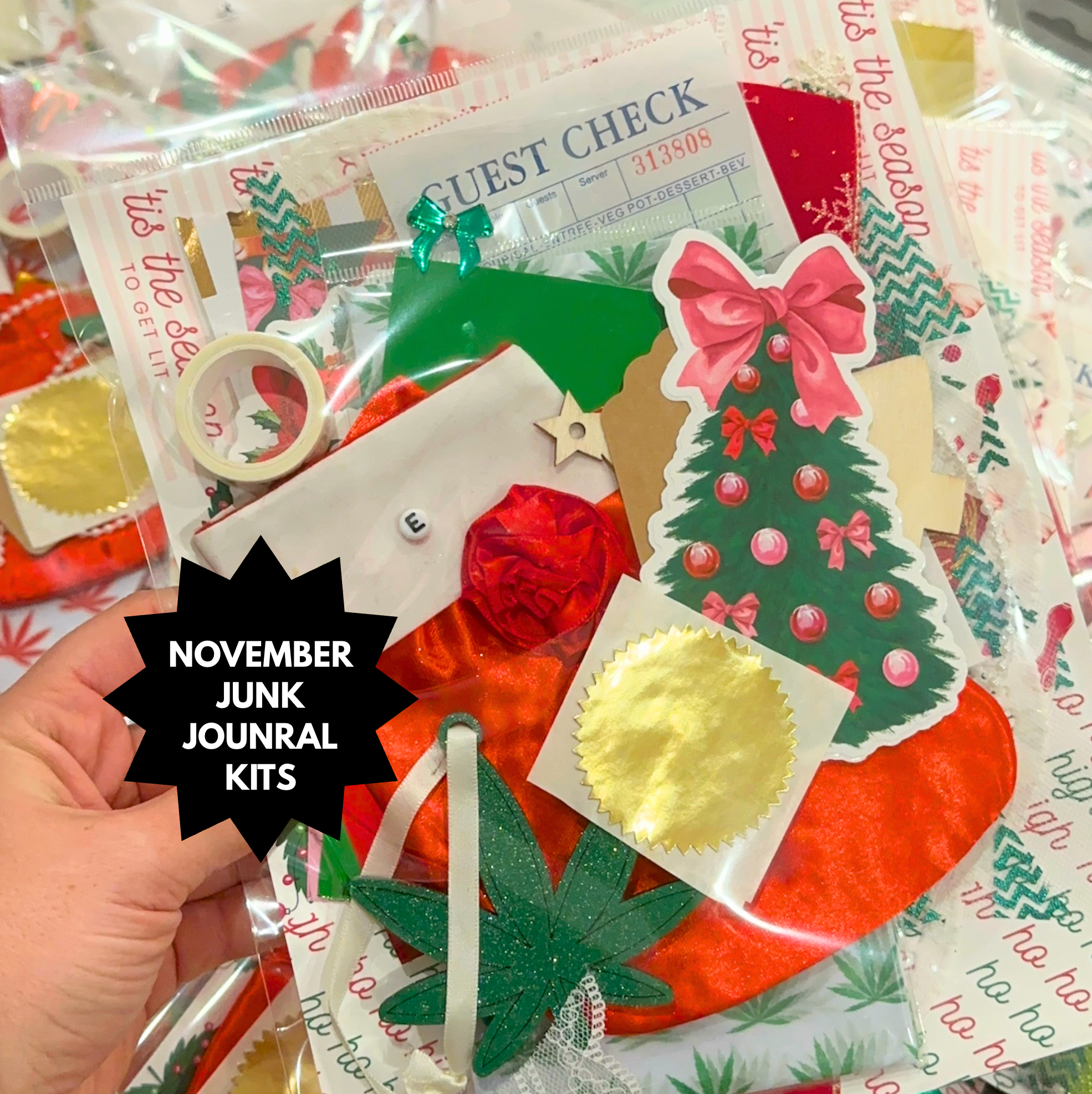 Collection of Christmas-themed items including a tree, bow, and other decorative elements with a &