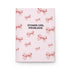 "Stoner Girl Problems" notebook with a pattern of pink bows on a pink and white striped background.