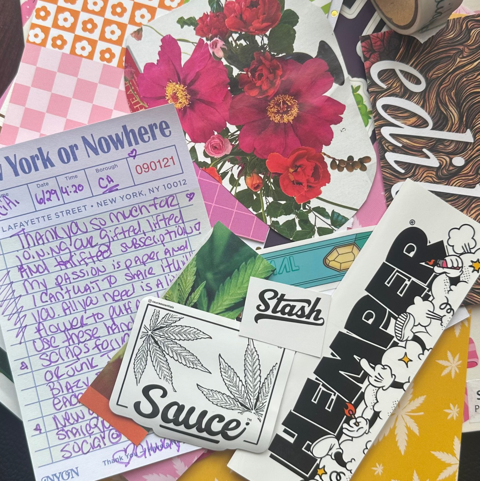 Collection of various stickers with different designs and text on a colorful background.