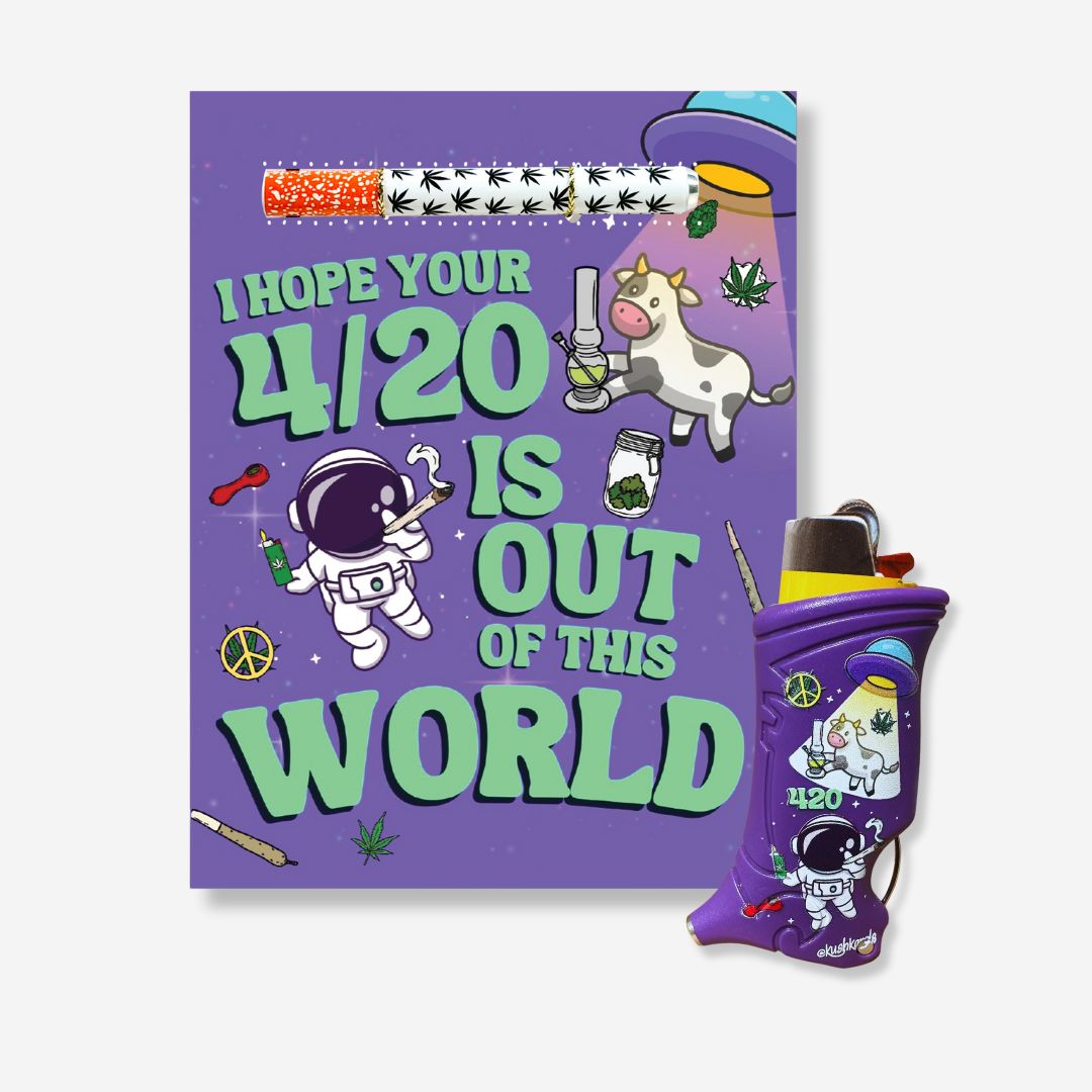 &quot;420 Out Of This World&quot; greeting card and purple UFO Cow Toker Poker lighter case set against a white background.