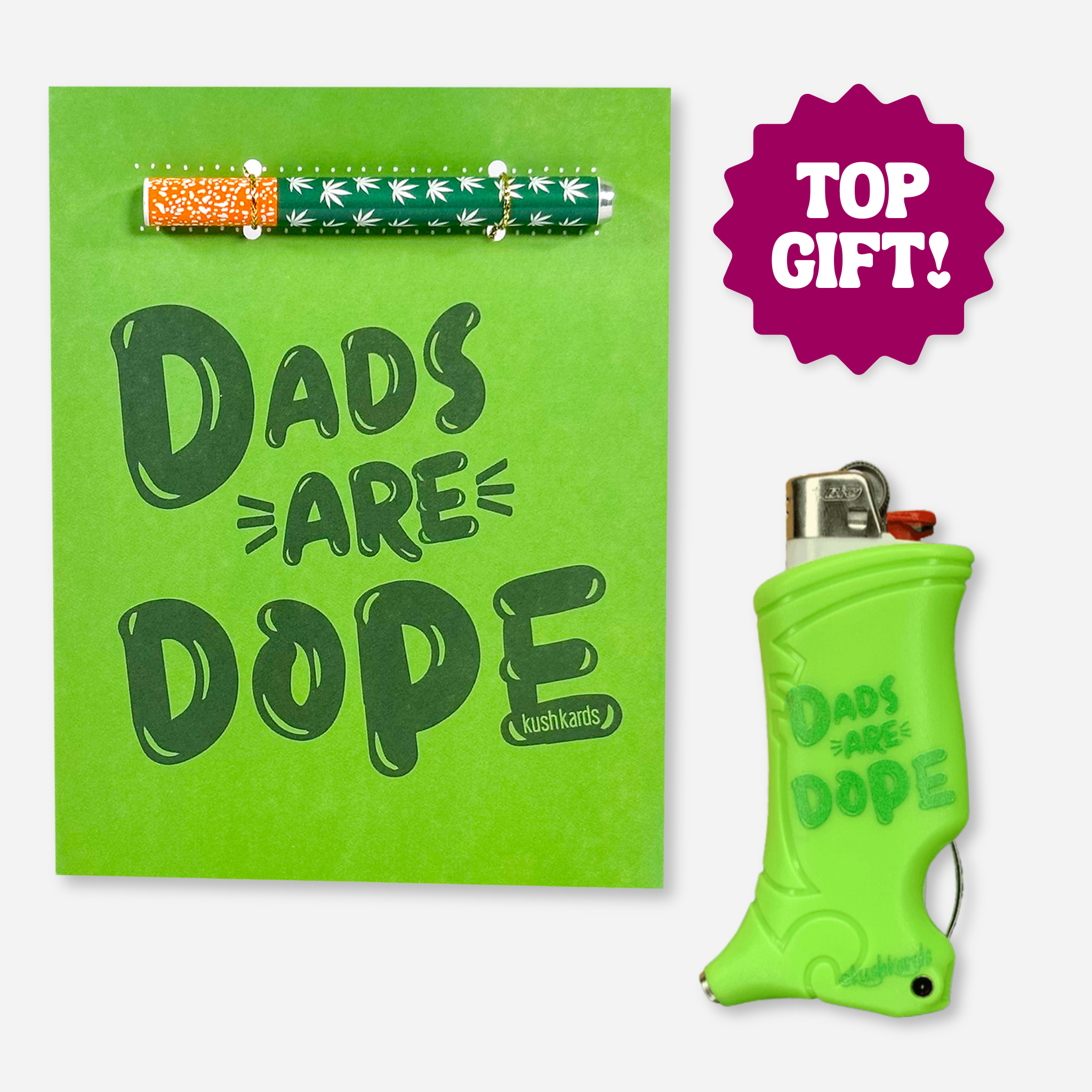 "Dads Are Dope" greeting card with a matching one-hitter pipe and matching Toker Poker Lighter Case, featuring a vibrant green design.