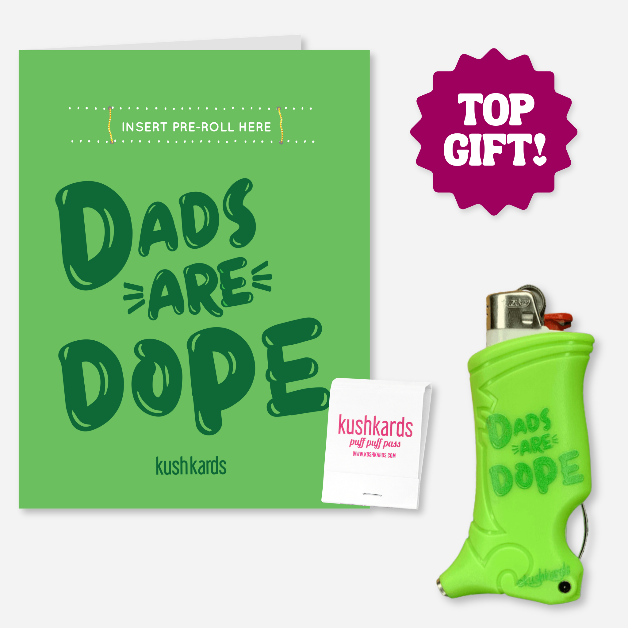 "Dads Are Dope" greeting card with a slot for a pre-roll joint, featuring an included matchbook and matching Toker Poker Lighter Case in green.