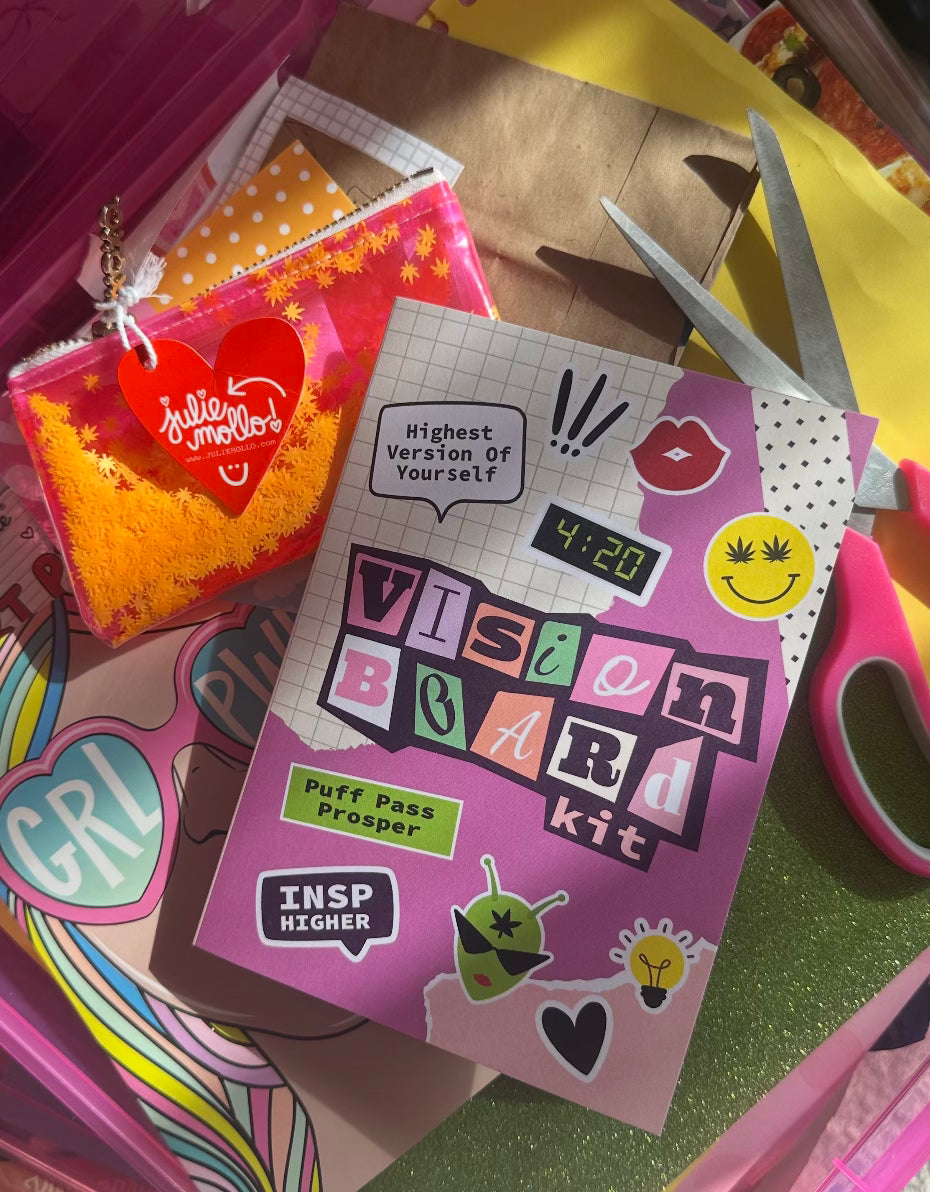 Vision Board Kit for Adults with Vision Board Supplies, featuring colorful stickers, cut-out letters, and crafting materials. and Julie Mollo Orange and Pink Kush Keychain Clutch