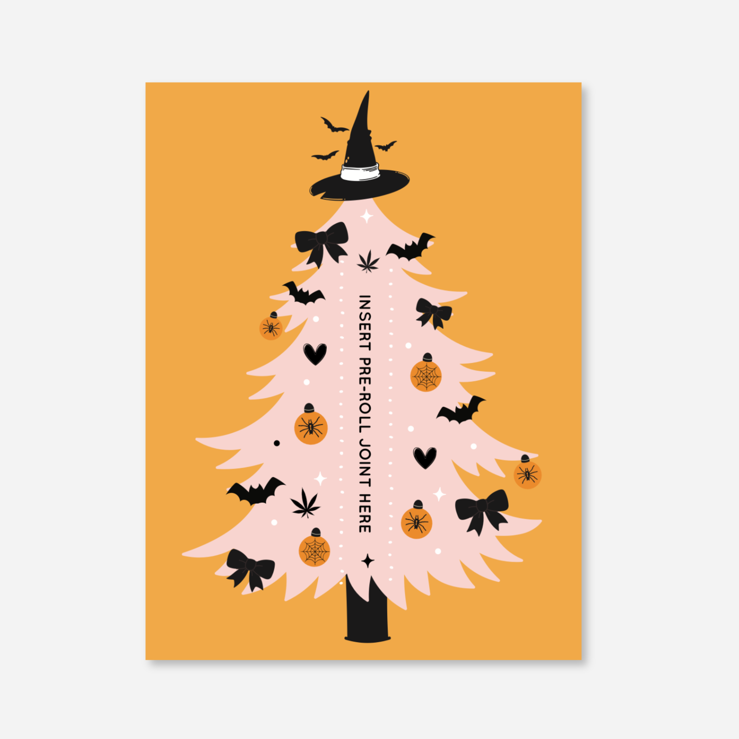 "Pink Halloween tree decorated with witch hat, bats, spider ornaments, and bows with a slot for a pre roll