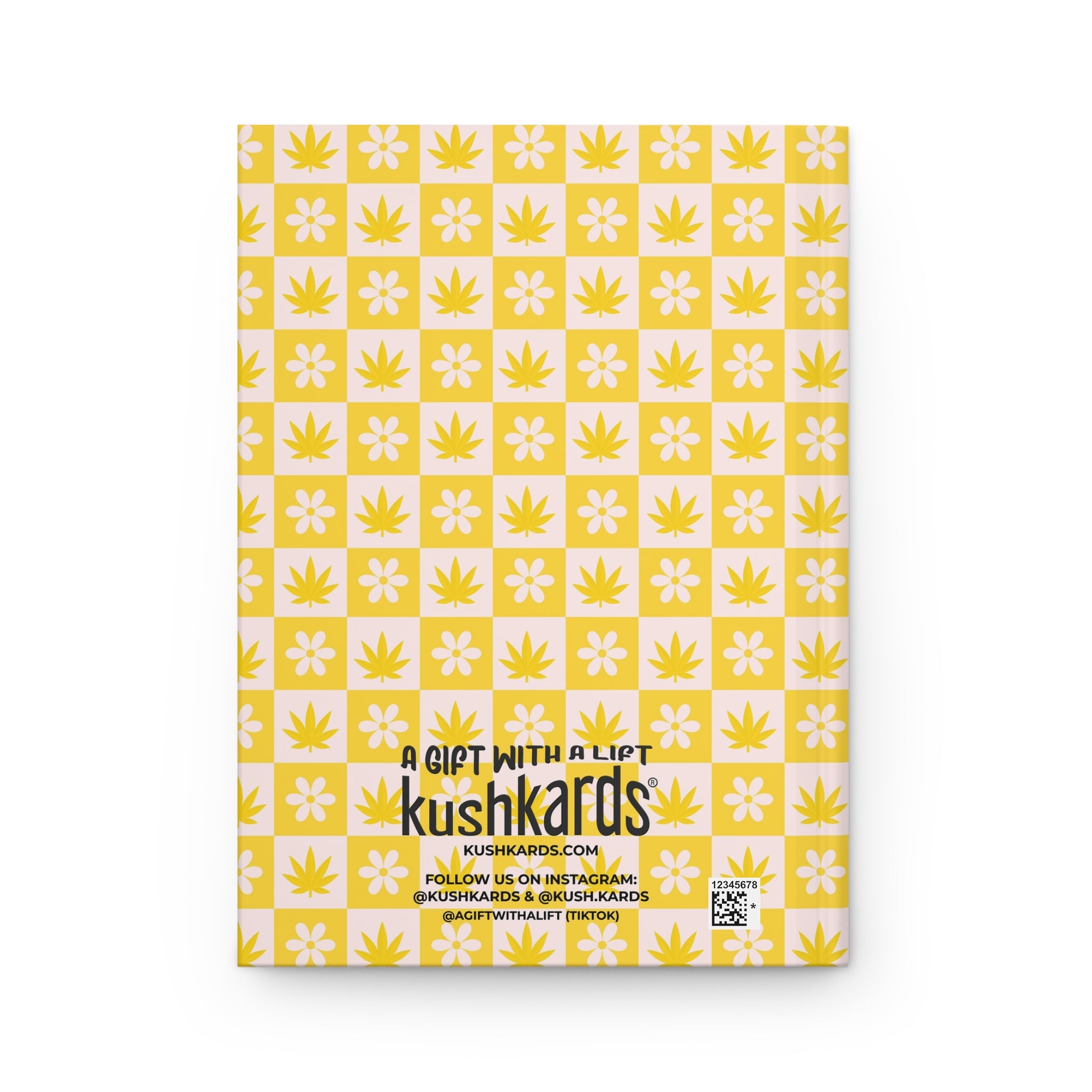 Retro checkerboard notebook with an alternating pattern of white daisies and yellow marijuana leaves on a white background - Back