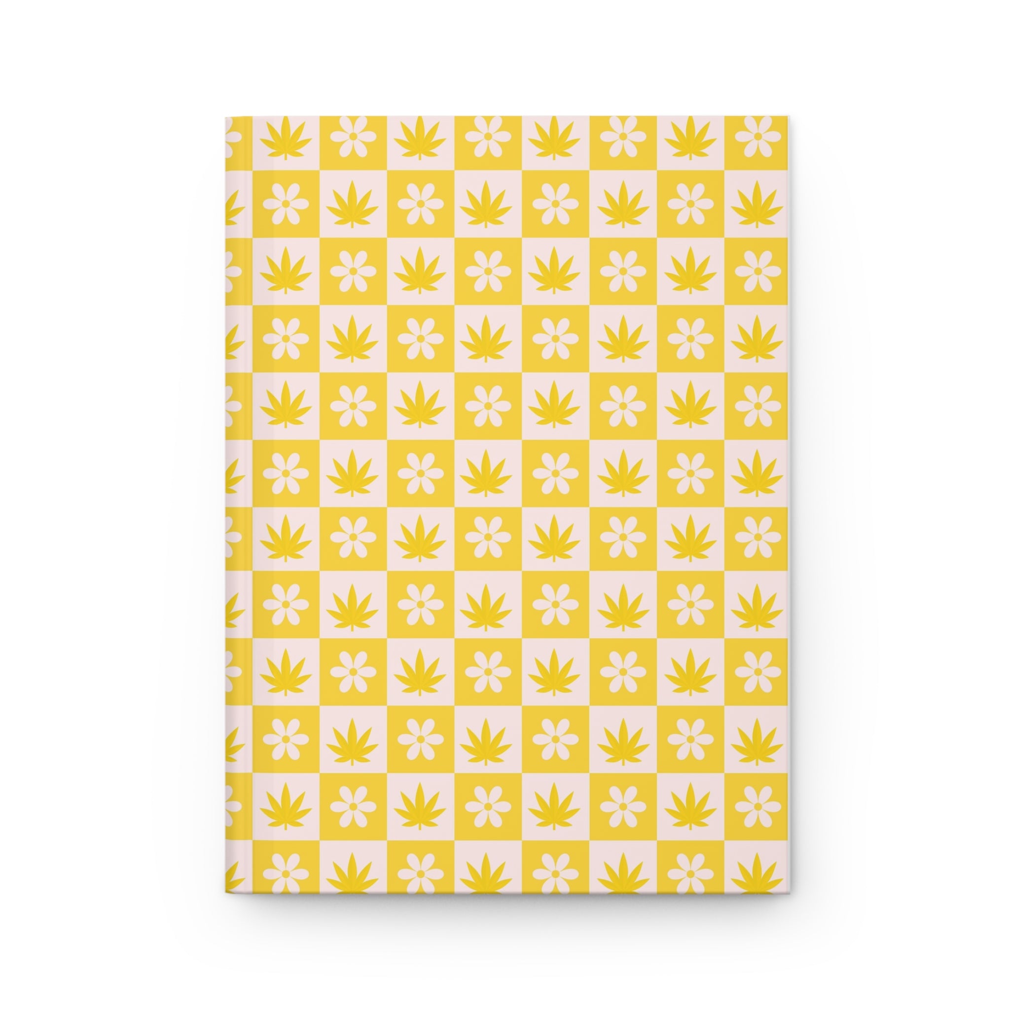 Retro checkerboard notebook with an alternating pattern of white daisies and yellow marijuana leaves on a white background