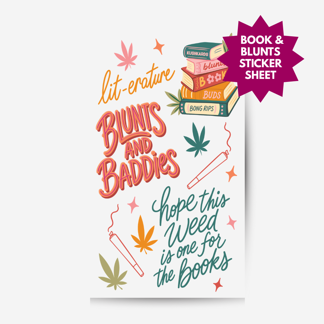 A book-themed sticker sheet or print featuring the phrase &