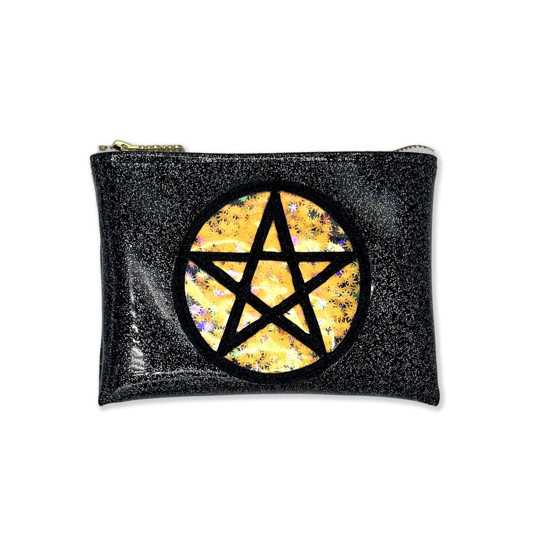 The Witch Way To The Weed Pot Leaf Midi Kush Klutch is a handbag that is 7"x5" in a black glitter vinyl with a pentagram symbol on it. Behind the pentagram is an orange pot leaf confetti encased in vinyl.