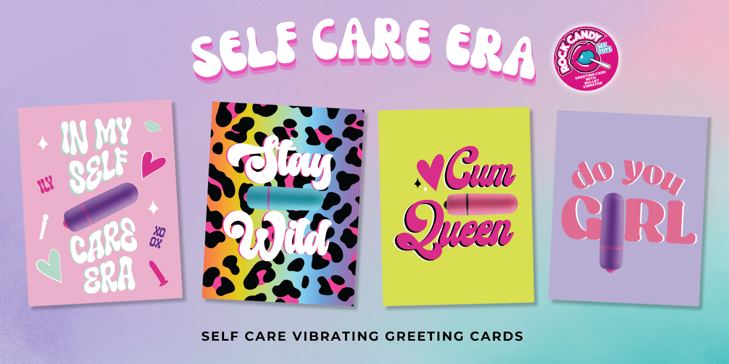 A promotional image for a line of self-care themed vibrating greeting cards, with bright colors and playful fonts. The cards read "IN MY SELF CARE ERA," "Stay Wild," "Cum Queen," and "do you GIRL," each featuring an illustration of a personal vibrator. The backdrop is a gradient from pink to purple, and the logo "Candy" is visible, indicating the brand. The tagline at the bottom reads "SELF CARE VIBRATING GREETING CARDS".