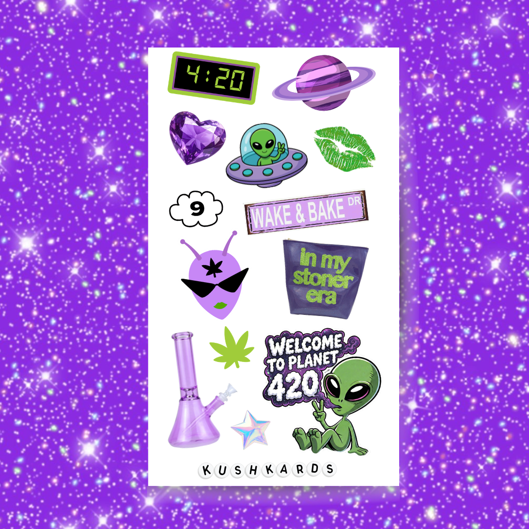 Sticker sheet with cannabis-themed designs on a purple background
