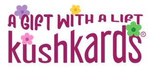 Logo of Kushkards with decorative flowers on a pink background