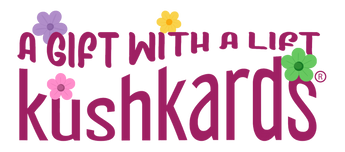 Logo of Kushkards with decorative flowers on a pink background