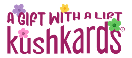 Logo of Kushkards with decorative flowers on a pink background