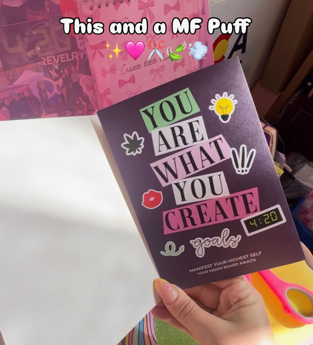 Interior view of the Vision Board Kit’s trifold card in an open position, featuring three blank panels for customization. with words" this and a MF Puff