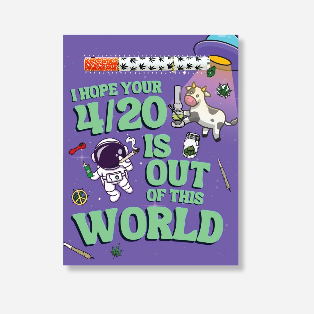 420-themed greeting card with space elements and a whimsical cow and astronaut design.