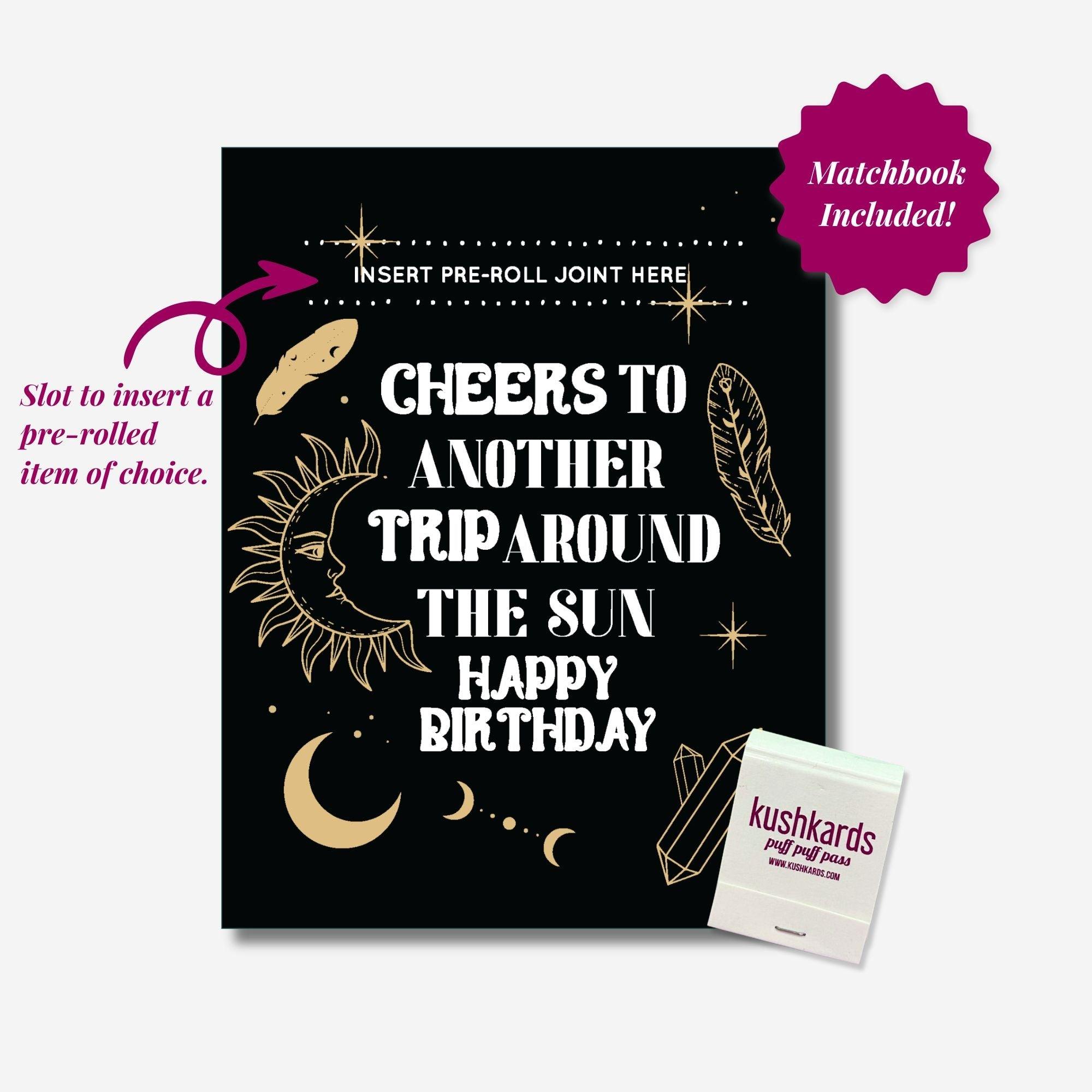 Cheers to another trip around the sun Happy Birthday" Celestial-themed greeting card on recycled paper with sun, moon, and crystal illustrations