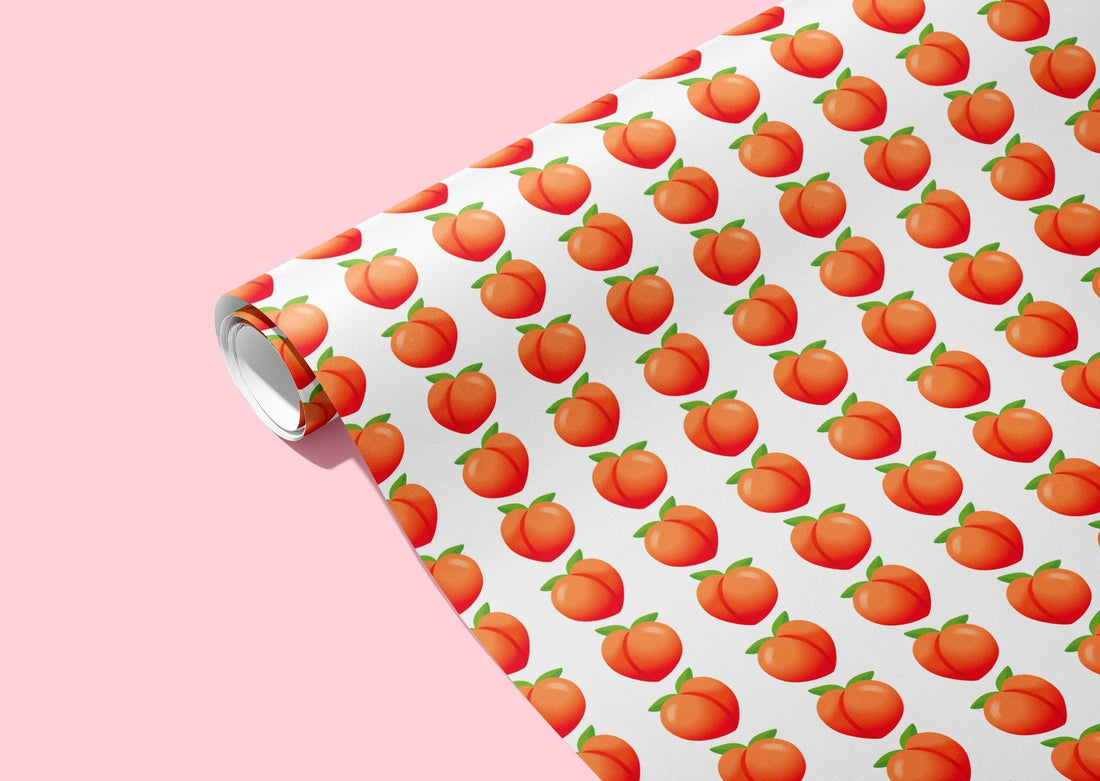 Peach Emoji wrapping paper comes in 3 sheets per roll and is 22" x 29" per sheet and has peach emojis and a white background