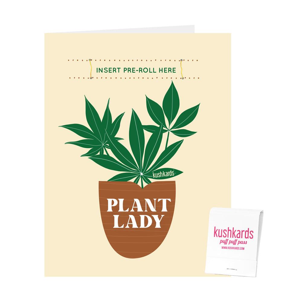 Tan greeting card with the text "plant lady" and a slot to insert a pre roll and a branded KushKards matchbook