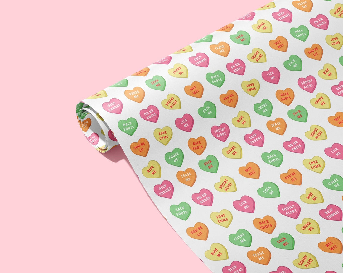 Sexy Sweeties Naughty Wrapping Paper - KushKards 22" x 29" wide and has 3 sheets per roll with naughty sweat heart sayings pattern