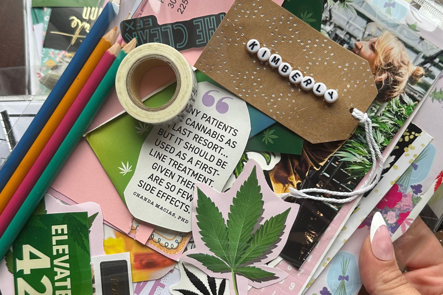 Gifted Lifted and Thrifted Stoner Sttaionery Kit example with Magazine scraps, letter bead name tags, color pencils and papers