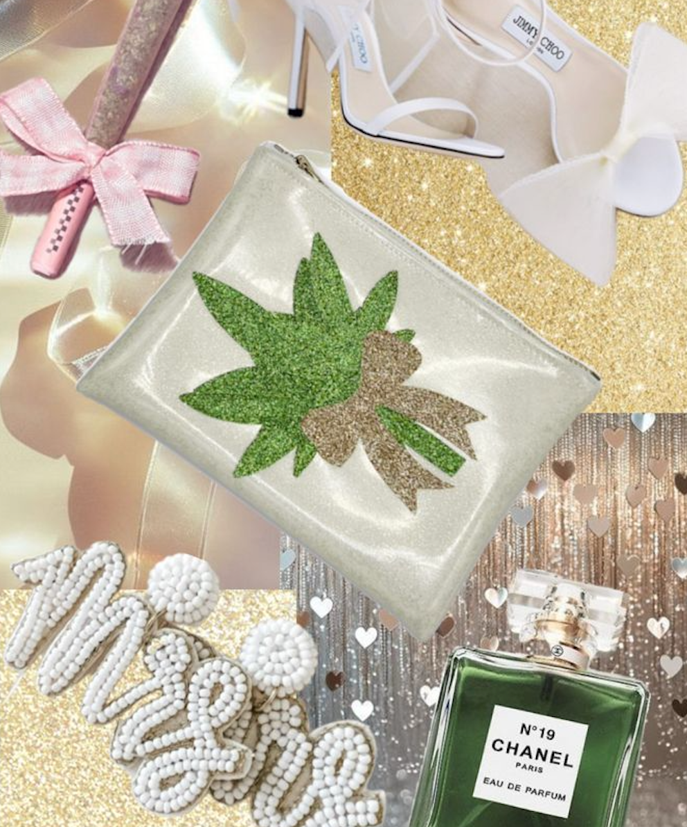 A glamorous wedding-themed flat lay featuring a cream-colored clutch with a glittery cannabis leaf, pink high heels, a pink pre-roll with a bow, a 'Mrs.' sign, and a perfume bottle."
