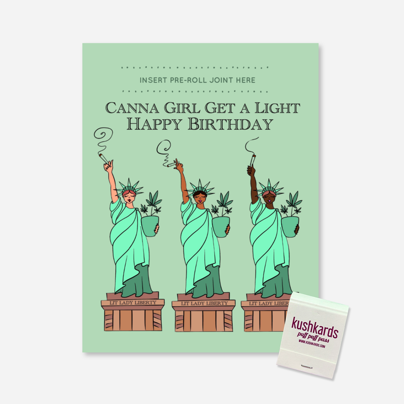 Funny stoner birthday card with slot for pre-roll and matchbook featuring Lit Lady Liberty cannabis artwork on green background