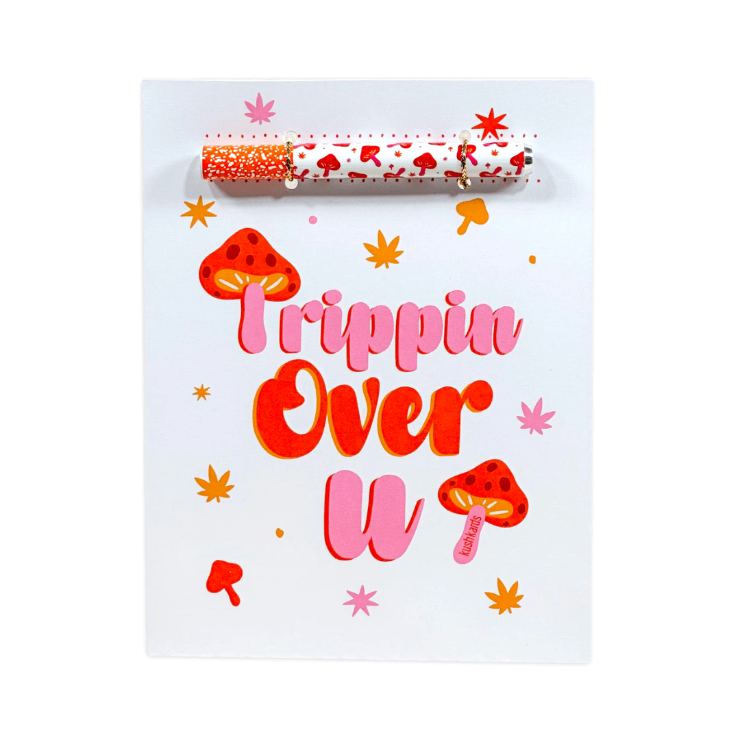 Our Trippin Over U KushKard features a Mushroom Print and includes a One Hitter