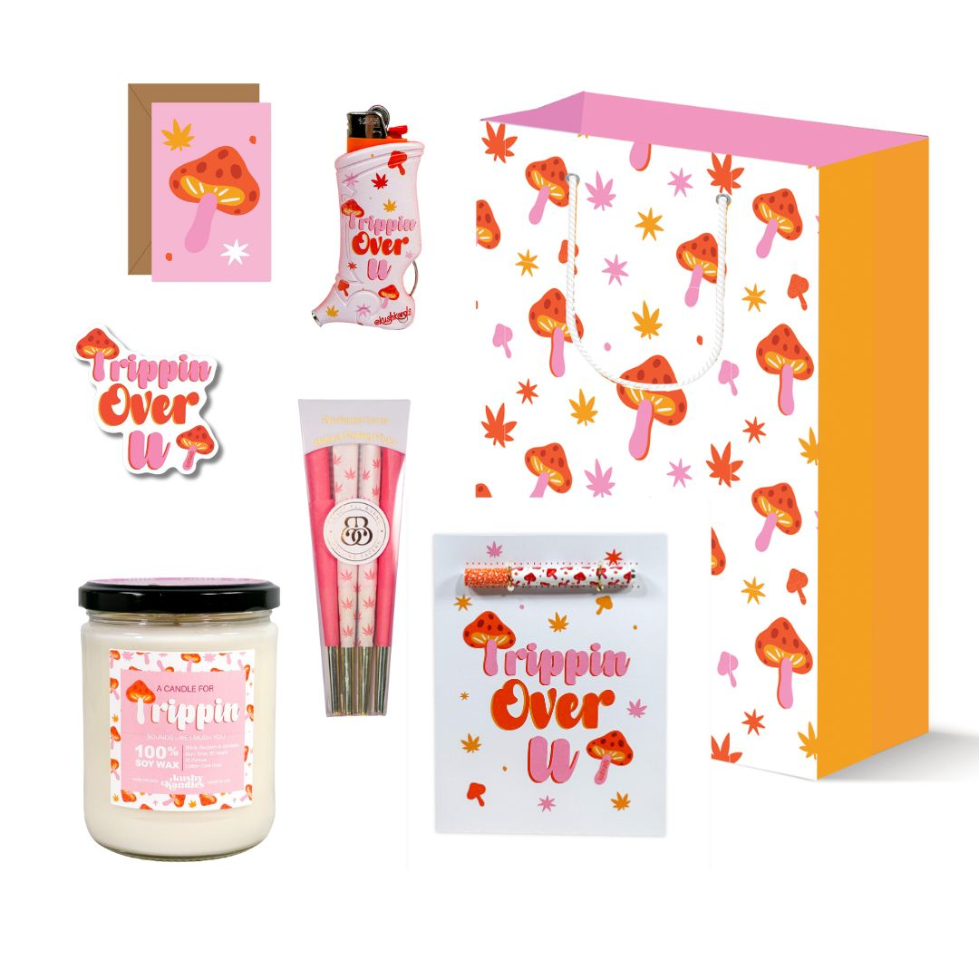 TRIPPIN OVER YOU MUSHROOM PINK RED AND ORANG PRINT GIFT BAG, LIGHTER CASE CANDLE MINI CARD CONES AND A STICKER