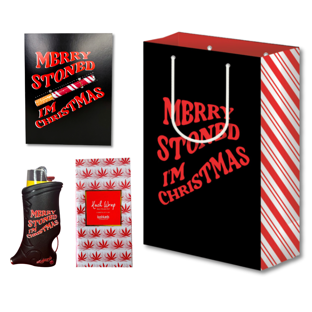 MERRY STONED GIFT BAG AND CARD SET WITH ONE HITTER AND LIGHTER CASE AND RED AND WHITE POT LEAD TISSUE PAPER 