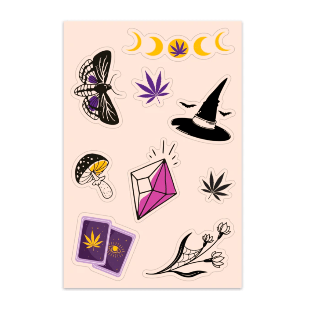 Our Sticker Sheets feature multiple stickers on one sheet. This one shows witches, pot leaf designs, and more.