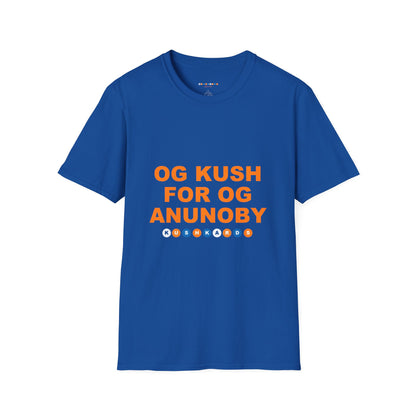 Blue t-shirt with a knicks graphics with text OG KUSH FOR OG ANUNOBY on white background 