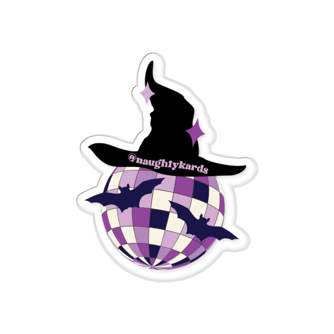 Disco Ball with Witch Hat and Bats and the tag @naughtykards