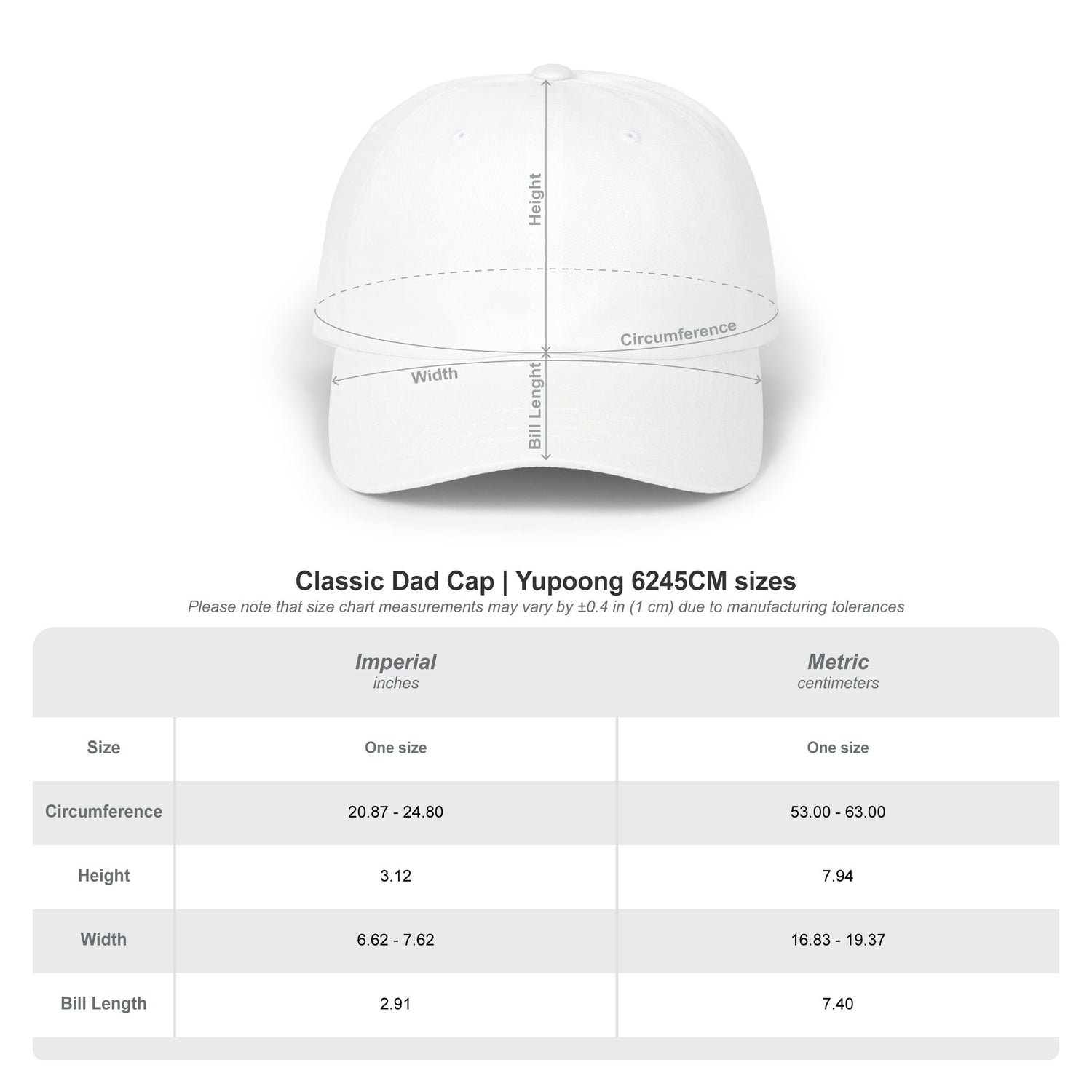 White cap with measurement chart on a white background