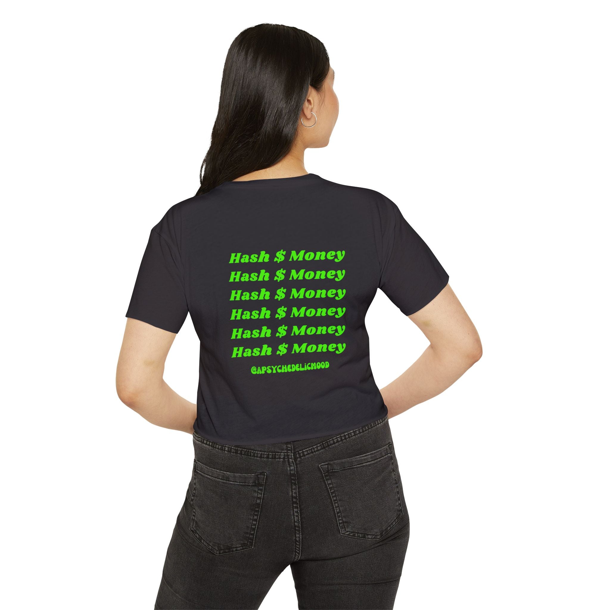 Hash Money Text In Green and repeats six times and has the handle @apsychedlicmood