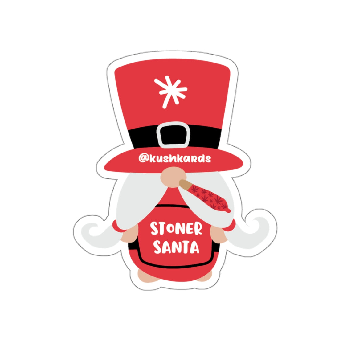 A cheerful Santa-themed gnome with a tall red hat, featuring a snowflake design on top. The hat says &quot;Stoner Santa&quot; and the gnome holds a joint decorated with red cannabis leaves.