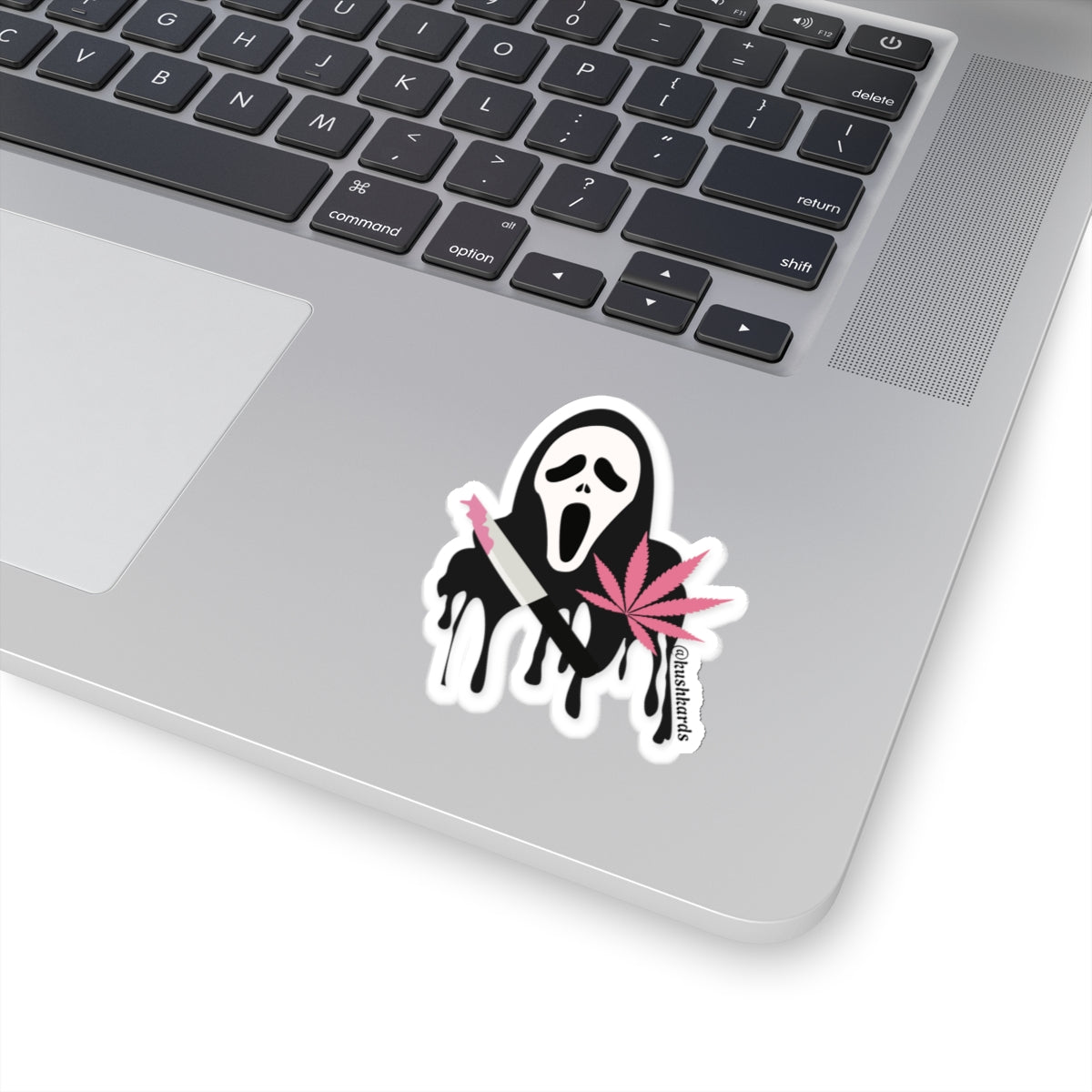 Ghost face Sticker with knife and pink blood and a pink pot leaf with the tag @kushkards