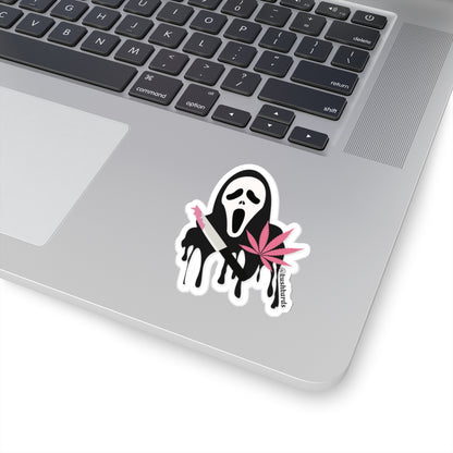 Ghost face Sticker with knife and pink blood and a pink pot leaf with the tag @kushkards