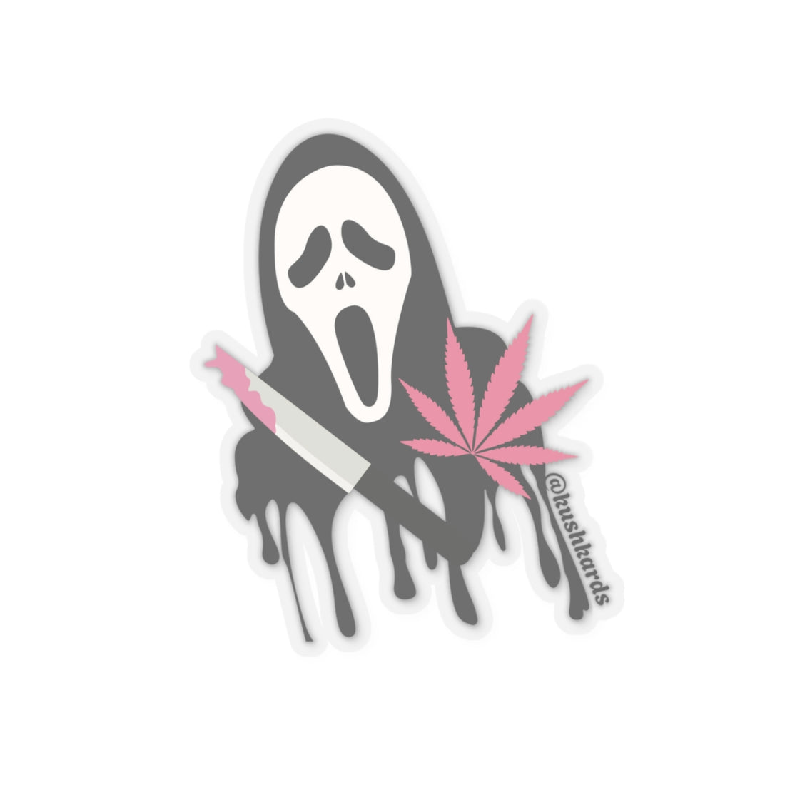 Ghost face Sticker with knife and pink blood and a pink pot leaf with the tag @kushkards