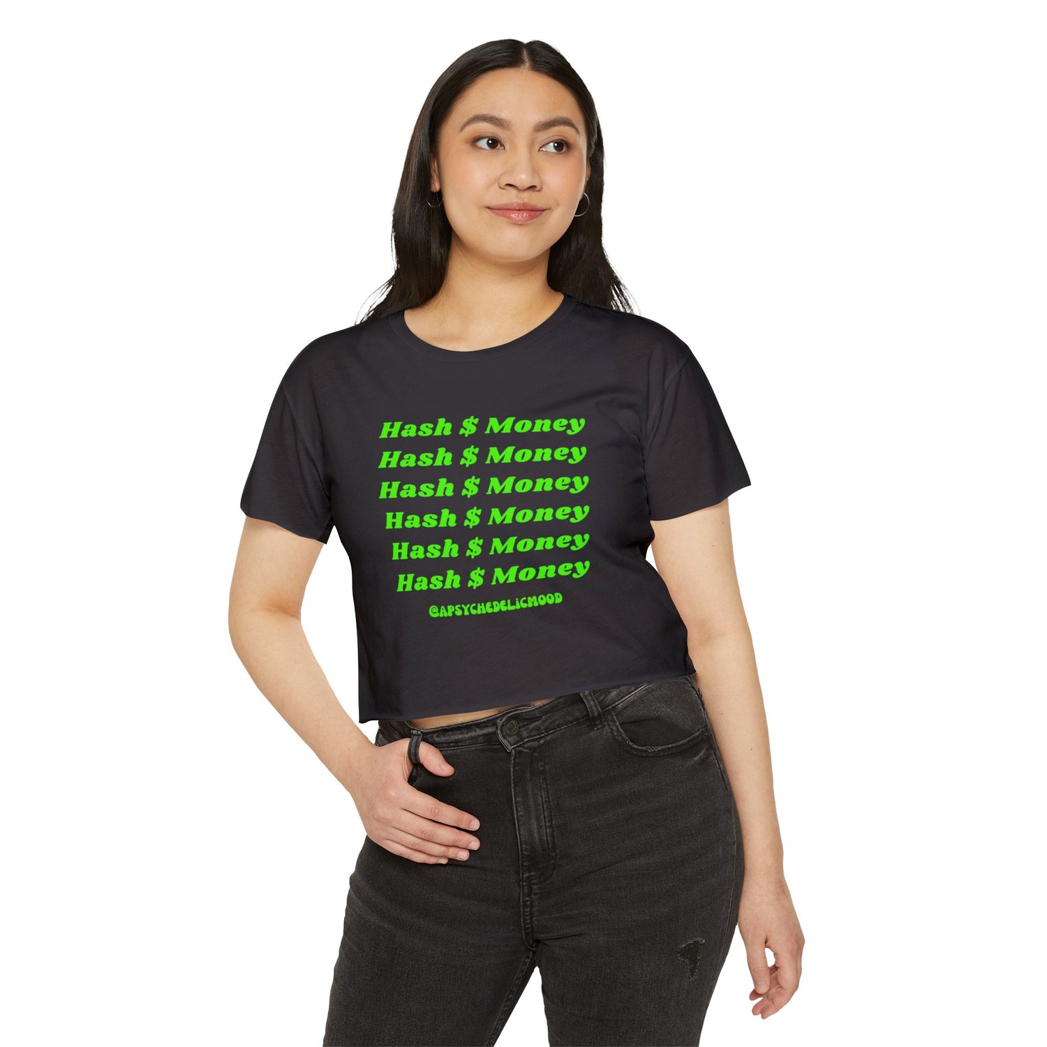 Hash Money Text In Green and repeats six times and has the handle @apsychedlicmood